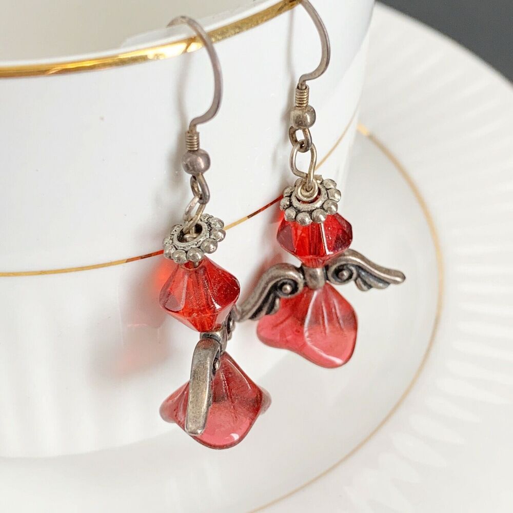 Red 3D ANGEL Beaded Dangle Earrings Handmade Artisan Antique Silver Wings Halo - Picture 6 of 6